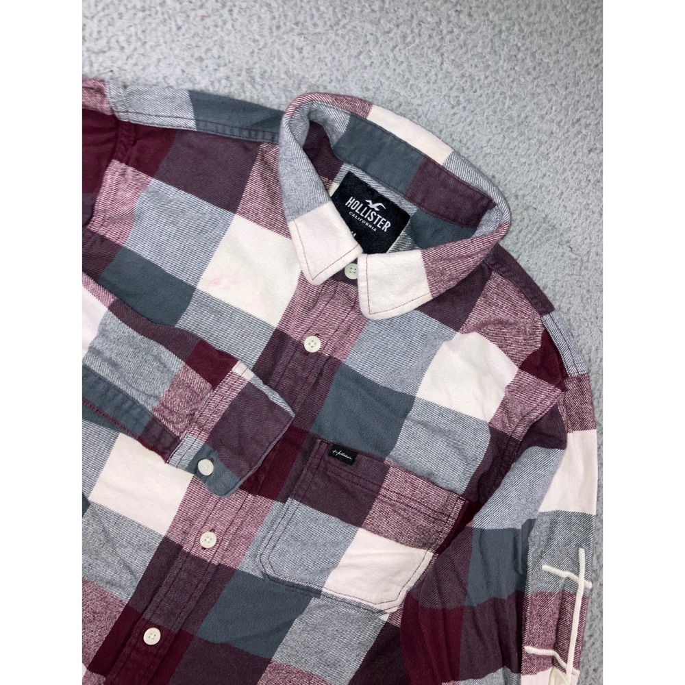 Hollister Flannel Shirt Men M Burgundy Maroon L/S Spellout Skater Grunge Outdoor